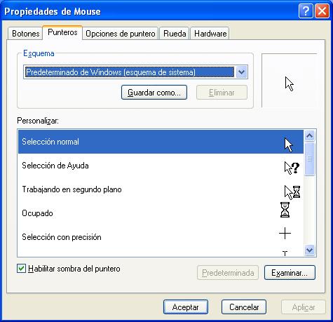 Imagen de la ventana de Punteros del ratón de Windows XP